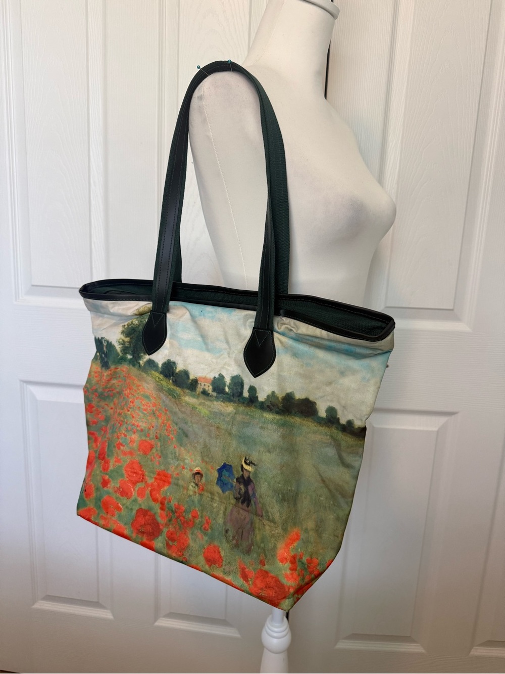 Monet Poppy Field Tote Bag Floral Cottagecore Impressionist Art Green Handles